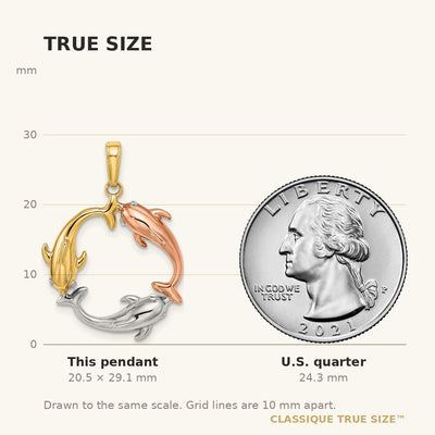 14K Tri-color Triple Dolphin Circle Pendant