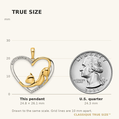 14K and White Rhodium Diamond-cut Cat Stretching in Heart Pendant