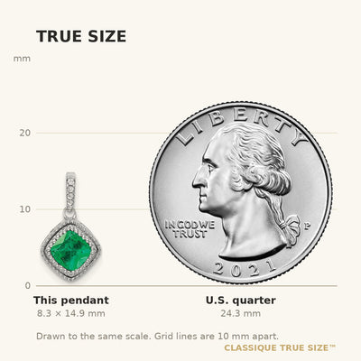 14K White Gold Cushion Emerald and Diamond Pendant with Side Diamond Detail