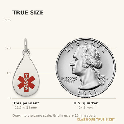 14K White Gold 20x11.5mm Teardrop Red Enameled Medical Jewelry Pendant