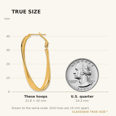 14K High Polished Twisted Omega Back Oval Hoop Earrings