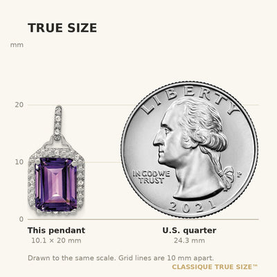 14K White Gold Emerald-cut Amethyst and Diamond Halo Pendant