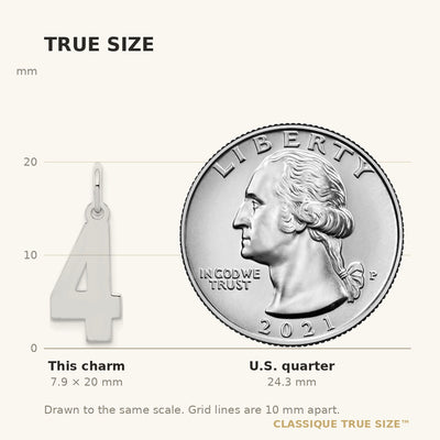 Sterling Silver/Rhodium-plated Polished Number 4 Charm, 20 x 4mm