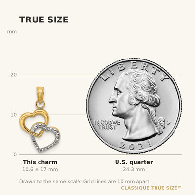 14K w/ Rhodium Polished and Textured Intertwined Hearts Charm