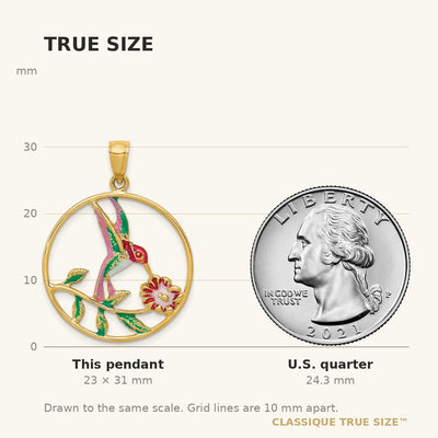 14K Enameled Hummingbird and Flower in Circle Pendant