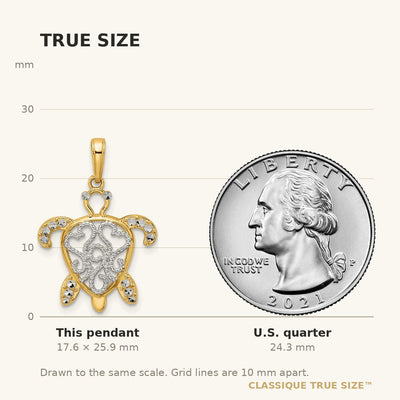 14K and White Rhodium Diamond-cut Filigree Turtle Pendant