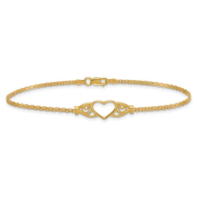 14K Polished Open Heart with Filigree and Bismark Chain Anklet
