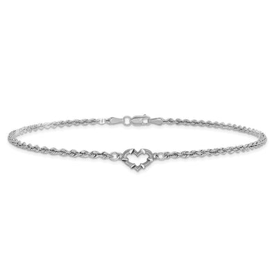 14K White Gold Diamond-cut Open Heart and Rope Chain Anklet