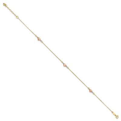 14K Tri-Color Puffed Hearts and Beads Anklet Plus Heart Dangle Extender