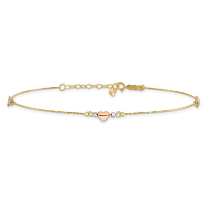 14K Tri-Color Puffed Hearts and Beads Anklet Plus Heart Dangle Extender