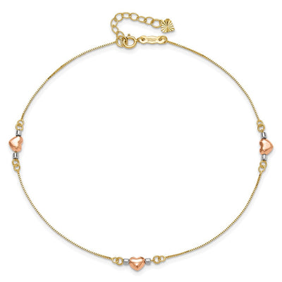 14K Tri-Color Puffed Hearts and Beads Anklet Plus Heart Dangle Extender