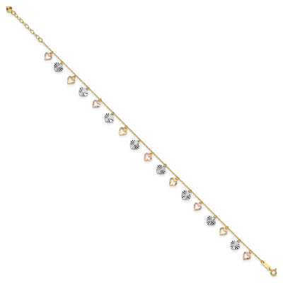 14K Tri-Color Dangle Hearts Anklet Plus Heart Dangle Extender