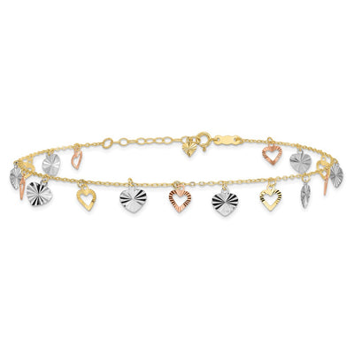 14K Tri-Color Dangle Hearts Anklet Plus Heart Dangle Extender