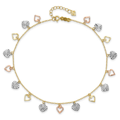 14K Tri-Color Dangle Hearts Anklet Plus Heart Dangle Extender
