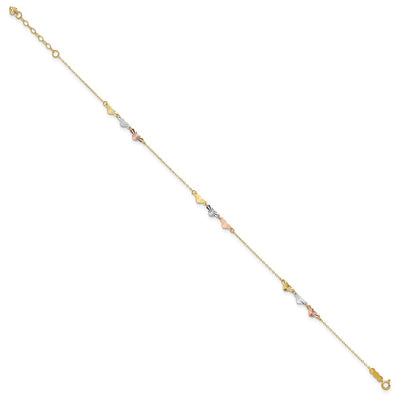 14K Tri-Color Diamond-cut Hearts Anklet Plus Heart Dangle Extender