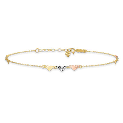 14K Tri-Color Diamond-cut Hearts Anklet Plus Heart Dangle Extender