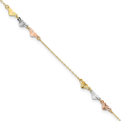 14K Tri-Color Diamond-cut Hearts Anklet Plus Heart Dangle Extender
