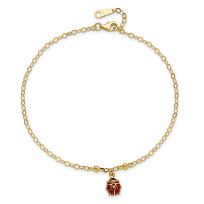 14K Red and Black Enameled Ladybug Anklet Plus Extender