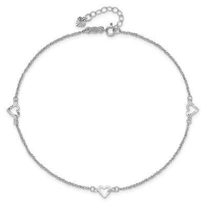 14K White Gold Diamond-cut Hearts 3-Station Anklet Plus Heart Dangle Extender