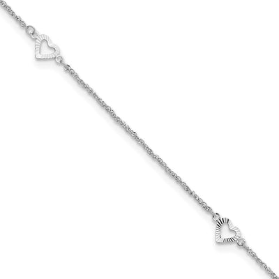 14K White Gold Diamond-cut Hearts 3-Station Anklet Plus Heart Dangle Extender