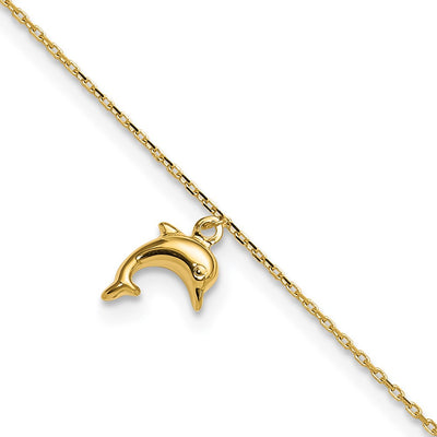 14K Dolphin Charm Dangle Anklet Plus Extender