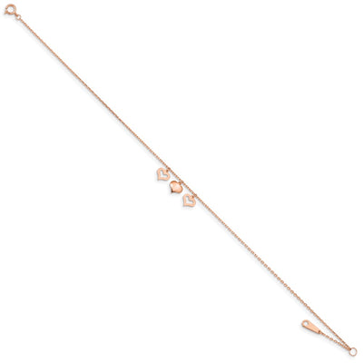 14K Rose Gold 3 Heart Dangles Anklet Plus Extender