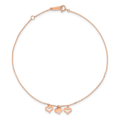 14K Rose Gold 3 Heart Dangles Anklet Plus Extender