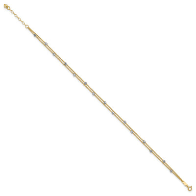 14K Two-tone 2-Strand Spiga Chain with Mirror Beads Anklet Plus Heart Dangle Extender