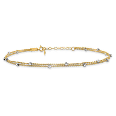 14K Two-tone 2-Strand Spiga Chain with Mirror Beads Anklet Plus Heart Dangle Extender