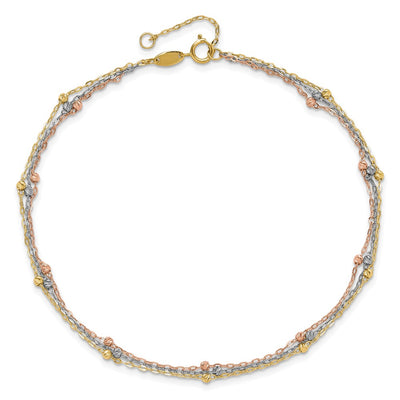 14K Tri-color 3-Strand Diamond-cut Beaded 9-Station Anklet Plus Extender
