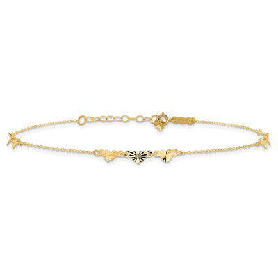 14K Diamond-cut Hearts Anklet Plus1 inch Heart Dangle Extender