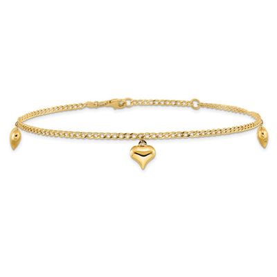 14K Polished Curb Link Chain with 3 Puffed Heart Dangles Anklet Plus Extender