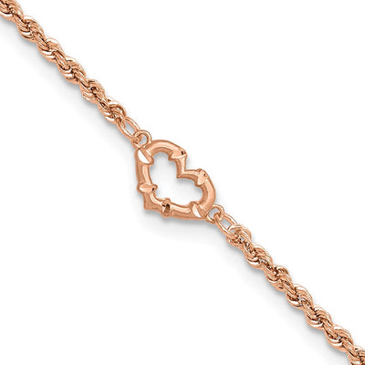 14K Rose Gold Diamond-cut Open Heart and Rope Chain Anklet