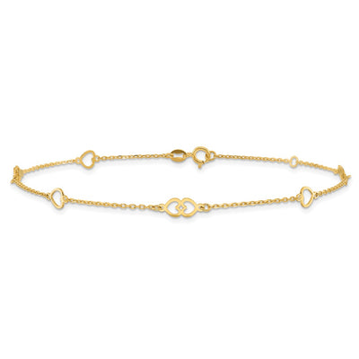 14K Polished Heart Links and Chain Anklet Plus Extender