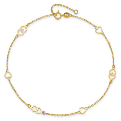 14K Polished Heart Links and Chain Anklet Plus Extender