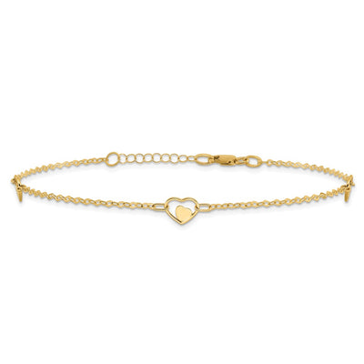 14K Polished Heart-in-Heart Links 3-Station Anklet Plus Extender