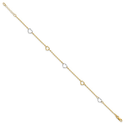 14K Two-tone Polished Open Hearts 5-Station Anklet Plus Extender