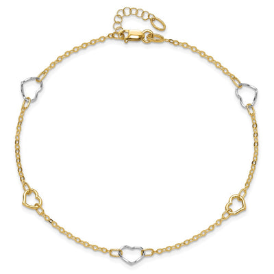14K Two-tone Polished Open Hearts 5-Station Anklet Plus Extender