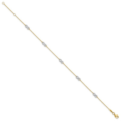 14K Two-tone Polished Infinity 5-Station Anklet Plus Extender, total of anklet