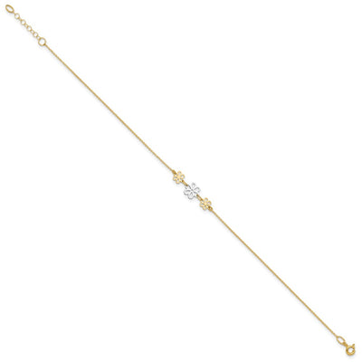 14K Two-tone Polished Three Cut-out Flowers Anklet Plus Extender