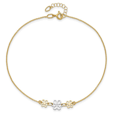 14K Two-tone Polished Three Cut-out Flowers Anklet Plus Extender