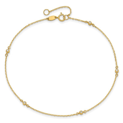 14K Polished Bezel-set CZ 5-Station Anklet Plus Extender
