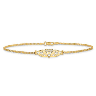 14k Polished Filigree Heart and Bismark Chain Anklet (Style ANK33-10)