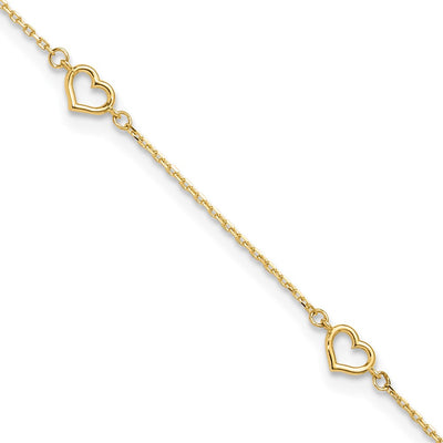 14K Polished 5-Station Open Heart and Chain Anklet Plus Extender