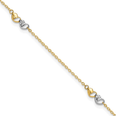 14K Two-tone Polished and Diamond-cut Double Hearts 3-Station Anklet Plus Extender