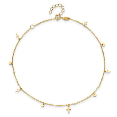 14K Polished Dangle Crosses and Circles Anklet Plus 2 in Extender