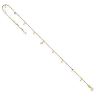 14K Polished Dangle Crosses and Circles Anklet Plus 2 in Extender
