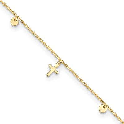 14K Polished Dangle Crosses and Circles Anklet Plus 2 in Extender