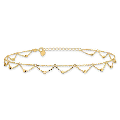 14K Polished and Diamond-cut Fancy Beaded Anklet Plus Heart Dangle Extender