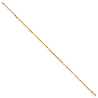 14K Polished and Diamond-cut 5-Station Beaded Mixed Link Anklet